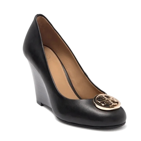 Tory Burch Shoes - Tory Burch Black Leather Brand Silver Logo Sally Wedge
Pumps Size 7.5